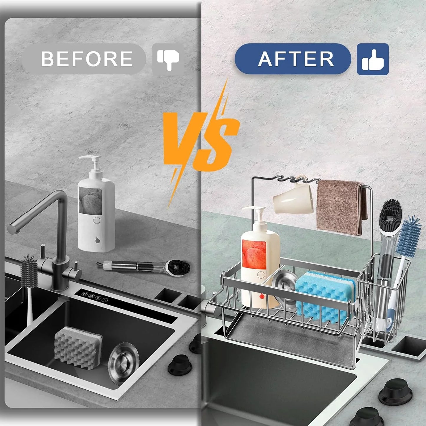 Sponge Holder for Kitchen Sink, Rustproof Kitchen Sink Organizer, Sink Caddy Organizer with High Brush Holder, Multifunctional Sink Dispenser Kitchen Accessories(Silvery)