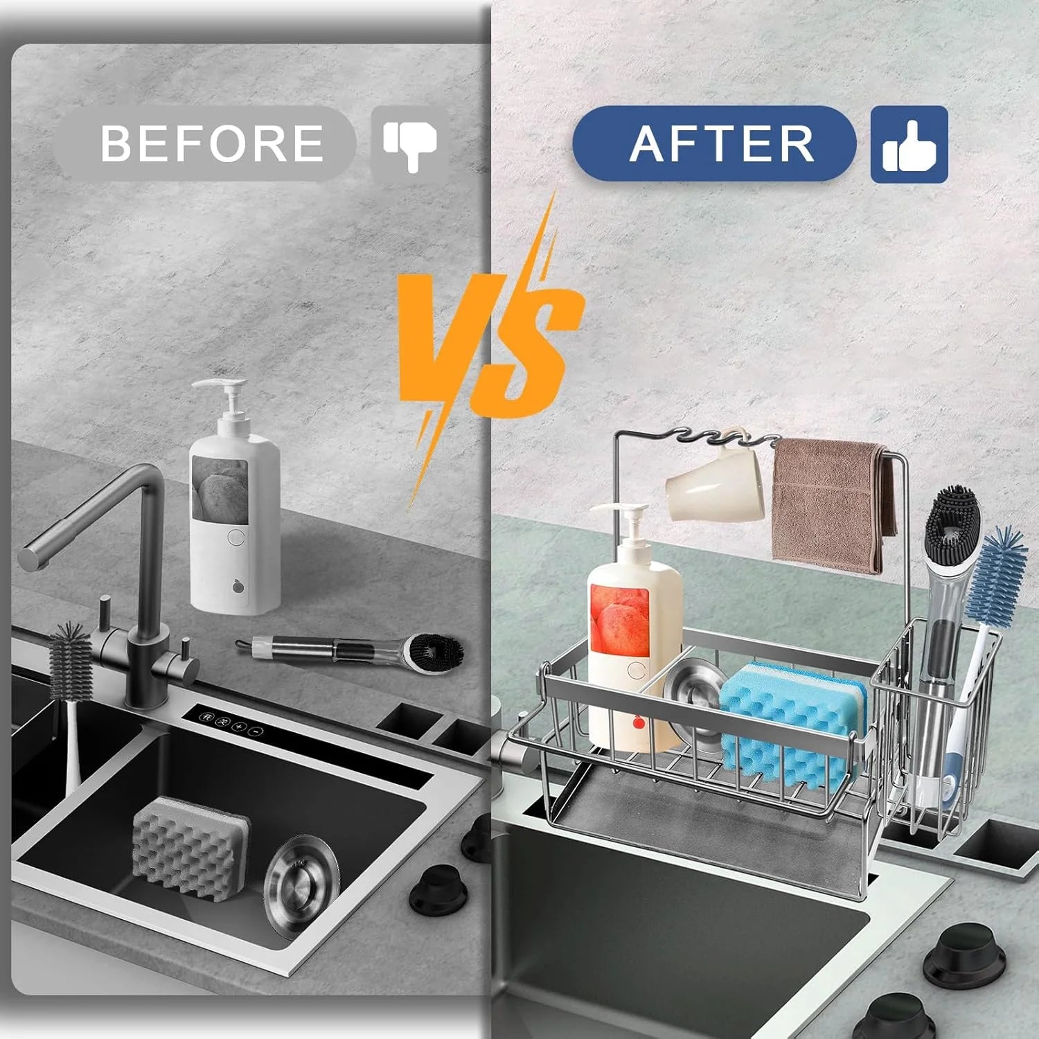 Sponge Holder for Kitchen Sink, Rustproof Kitchen Sink Organizer, Sink Caddy Organizer with High Brush Holder, Multifunctional Sink Dispenser Kitchen Accessories(Silvery)