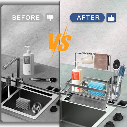 Sponge Holder for Kitchen Sink, Rustproof Kitchen Sink Organizer, Sink Caddy Organizer with High Brush Holder, Multifunctional Sink Dispenser Kitchen Accessories(Silvery)