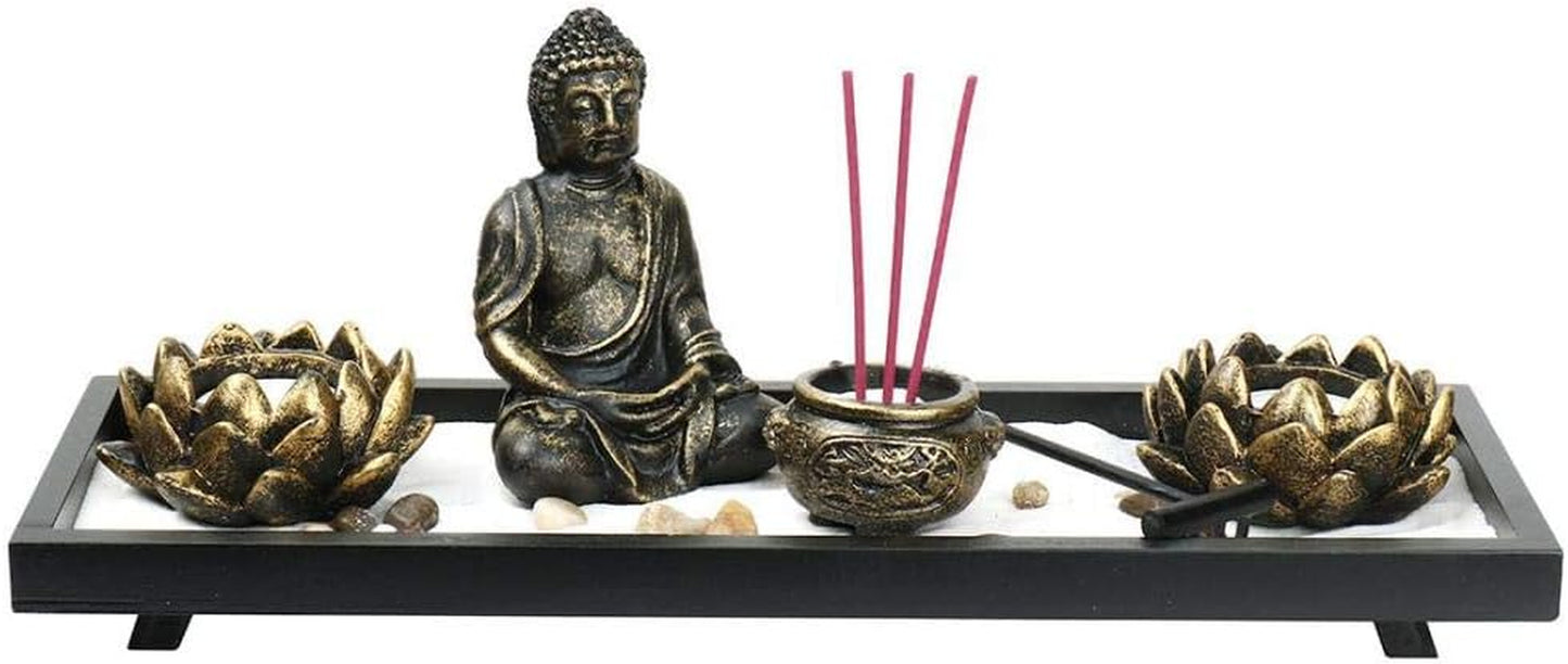 Mini Zen Garden Buddha Statue Incense Sticks Burner Holder with Glass Tealight Candle (Zen-38X15X12Cm)