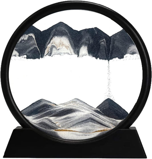 3D Dynamic Sand Art Liquid Motion, Moving Sand Art Picture round Glass 3D Deep Sea Sandscape in Motion Display Flowing Sand Painting Relaxing Desk Toys (Black, 12'')