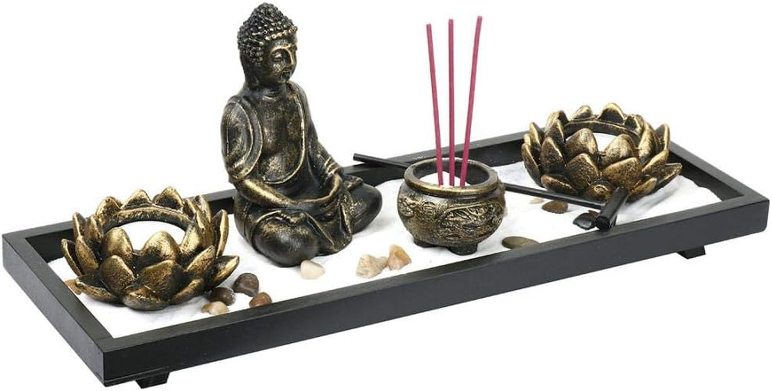 Mini Zen Garden Buddha Statue Incense Sticks Burner Holder with Glass Tealight Candle (Zen-38X15X12Cm)