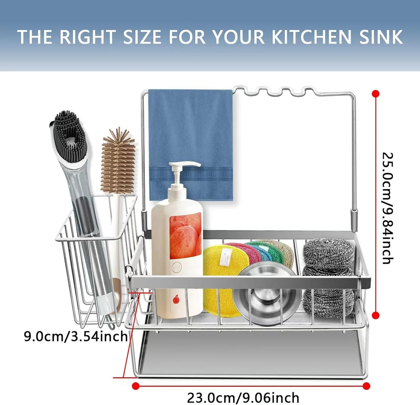 Sponge Holder for Kitchen Sink, Rustproof Kitchen Sink Organizer, Sink Caddy Organizer with High Brush Holder, Multifunctional Sink Dispenser Kitchen Accessories(Silvery)