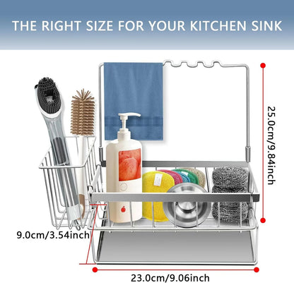 Sponge Holder for Kitchen Sink, Rustproof Kitchen Sink Organizer, Sink Caddy Organizer with High Brush Holder, Multifunctional Sink Dispenser Kitchen Accessories(Silvery)