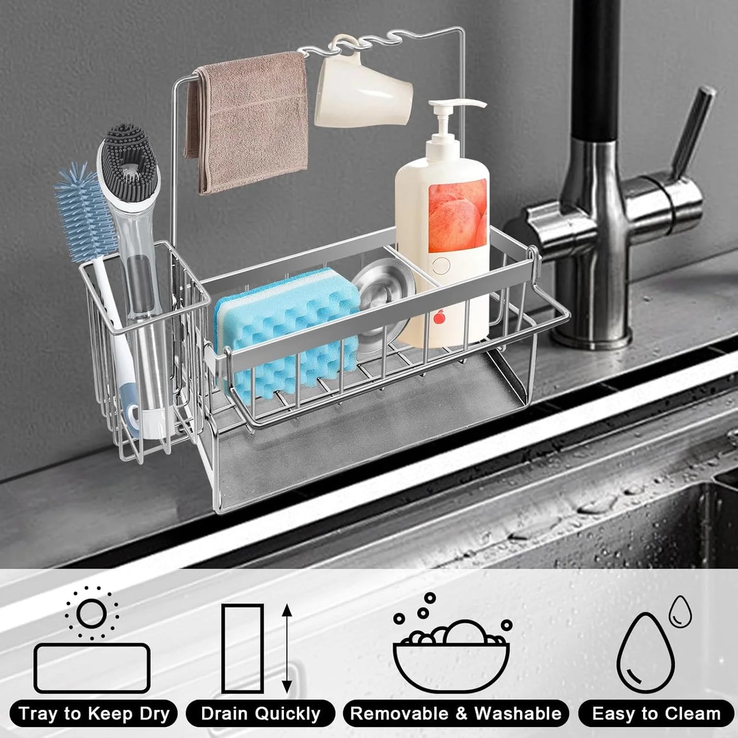 Sponge Holder for Kitchen Sink, Rustproof Kitchen Sink Organizer, Sink Caddy Organizer with High Brush Holder, Multifunctional Sink Dispenser Kitchen Accessories(Silvery)