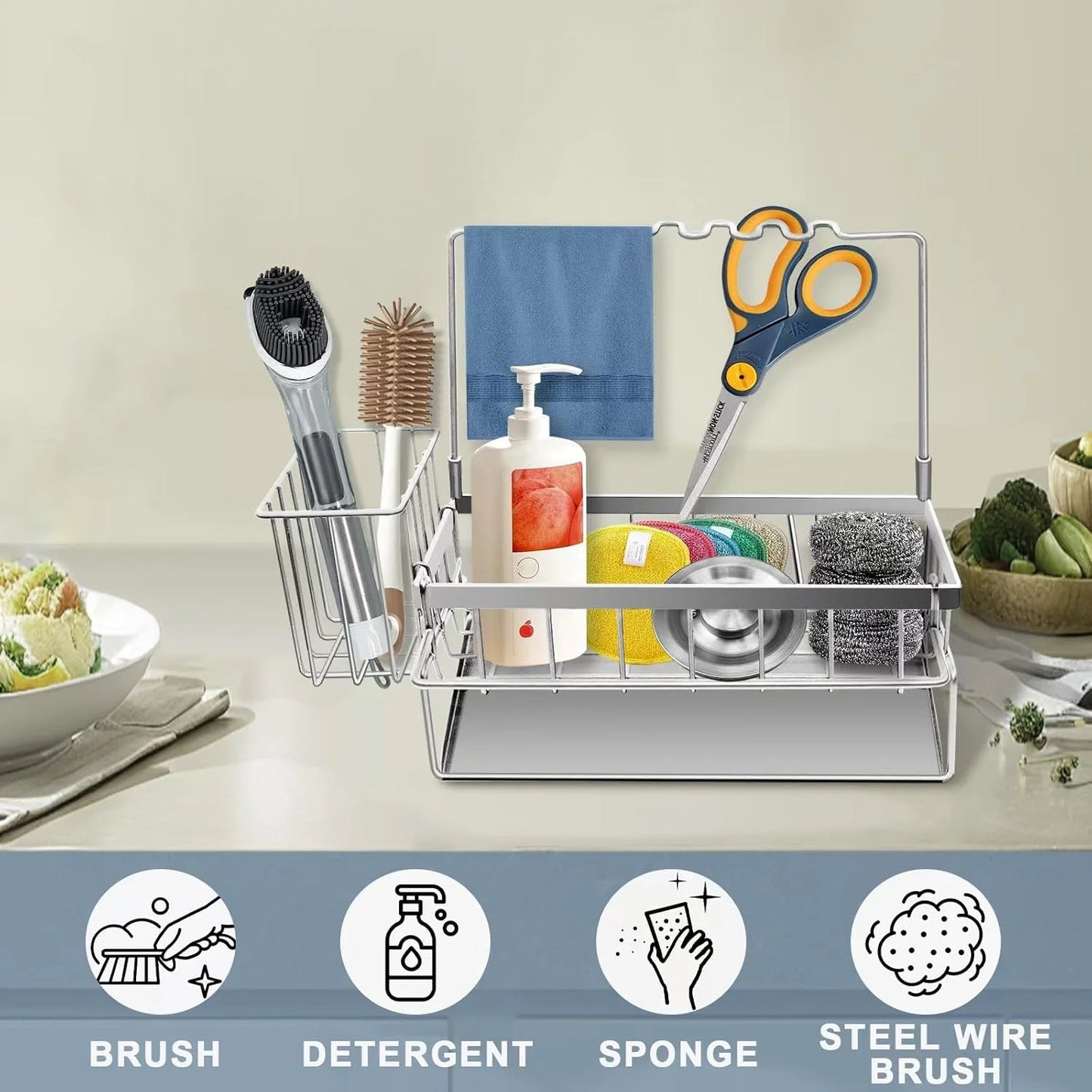 Sponge Holder for Kitchen Sink, Rustproof Kitchen Sink Organizer, Sink Caddy Organizer with High Brush Holder, Multifunctional Sink Dispenser Kitchen Accessories(Silvery)