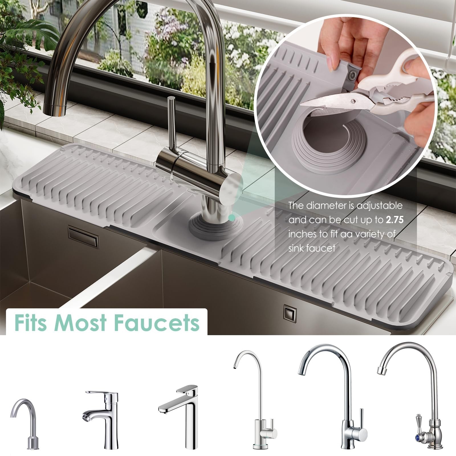 24 Inch Silicone Faucet Mat for Kitchen Sink Splash Guard - 6 Slope Water