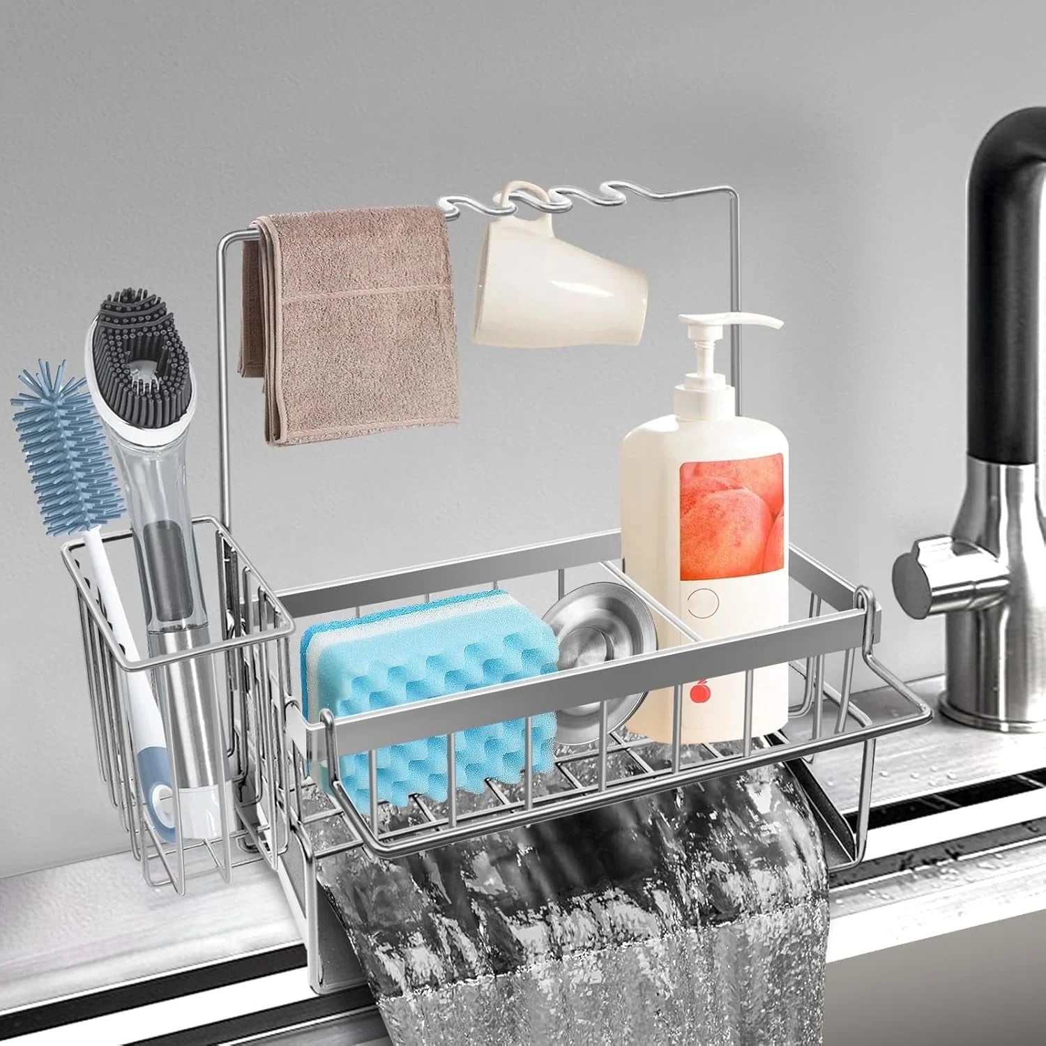Sponge Holder for Kitchen Sink, Rustproof Kitchen Sink Organizer, Sink Caddy Organizer with High Brush Holder, Multifunctional Sink Dispenser Kitchen Accessories(Silvery)