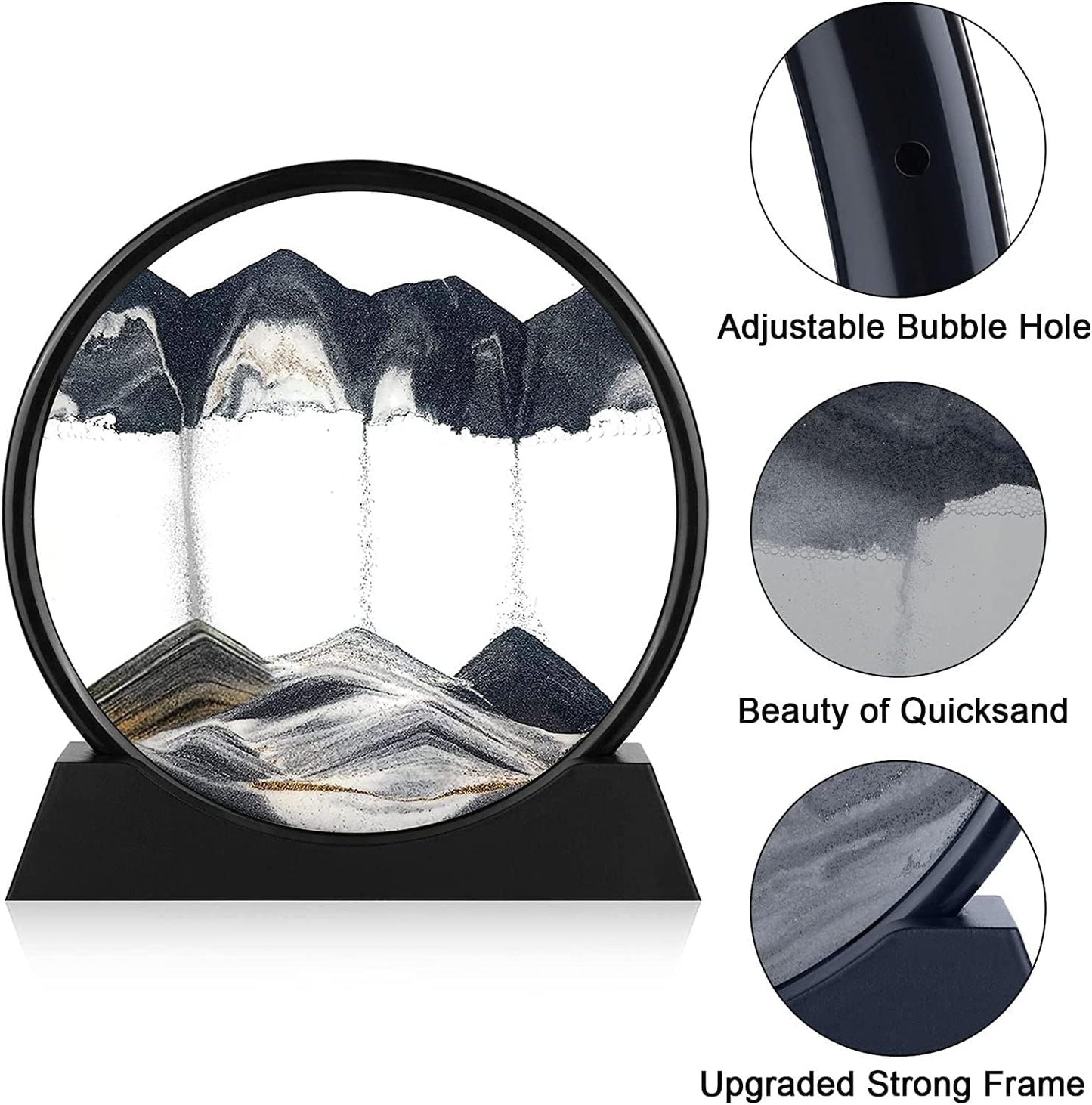 3D Dynamic Sand Art Liquid Motion, Moving Sand Art Picture round Glass 3D Deep Sea Sandscape in Motion Display Flowing Sand Painting Relaxing Desk Toys (Black, 12'')