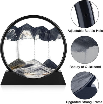 3D Dynamic Sand Art Liquid Motion, Moving Sand Art Picture round Glass 3D Deep Sea Sandscape in Motion Display Flowing Sand Painting Relaxing Desk Toys (Black, 12'')