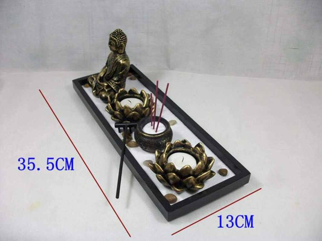 Mini Zen Garden Buddha Statue Incense Sticks Burner Holder with Glass Tealight Candle (Zen-38X15X12Cm)
