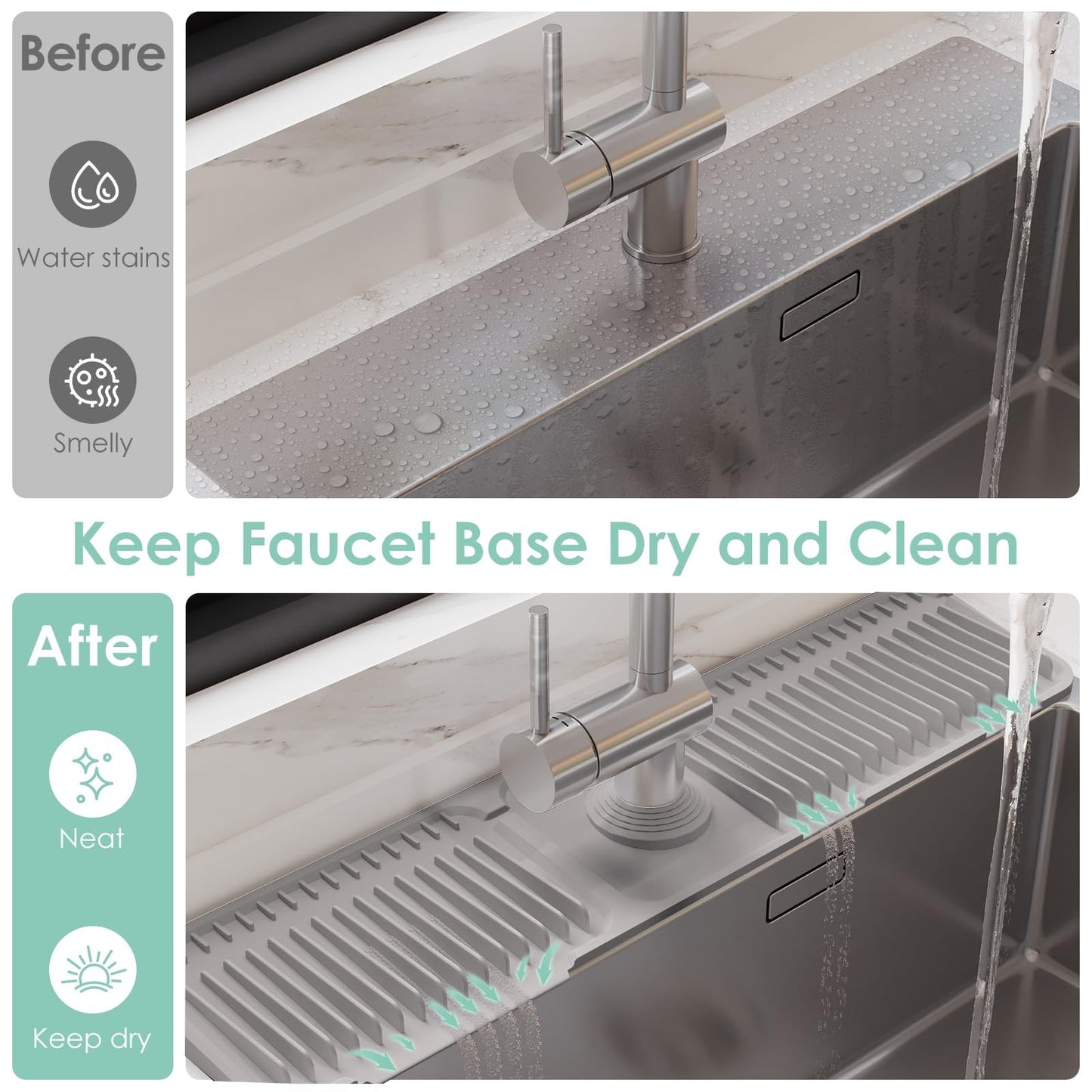 24 Inch Silicone Faucet Mat for Kitchen Sink Splash Guard - 6 Slope Water