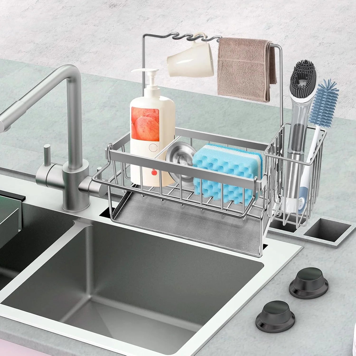 Sponge Holder for Kitchen Sink, Rustproof Kitchen Sink Organizer, Sink Caddy Organizer with High Brush Holder, Multifunctional Sink Dispenser Kitchen Accessories(Silvery)