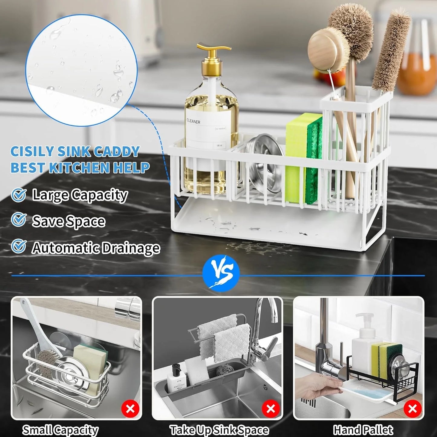 Sink Caddy,Kitchen Sponge Holder,Waterproof and Rustproof White Kitchen Accessory